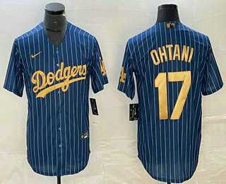 Mens Los Angeles Dodgers #17 Shohei Ohtani Blue Gold Pinstripe Cool Base Stitched Baseball Jersey->los angeles dodgers->MLB Jersey